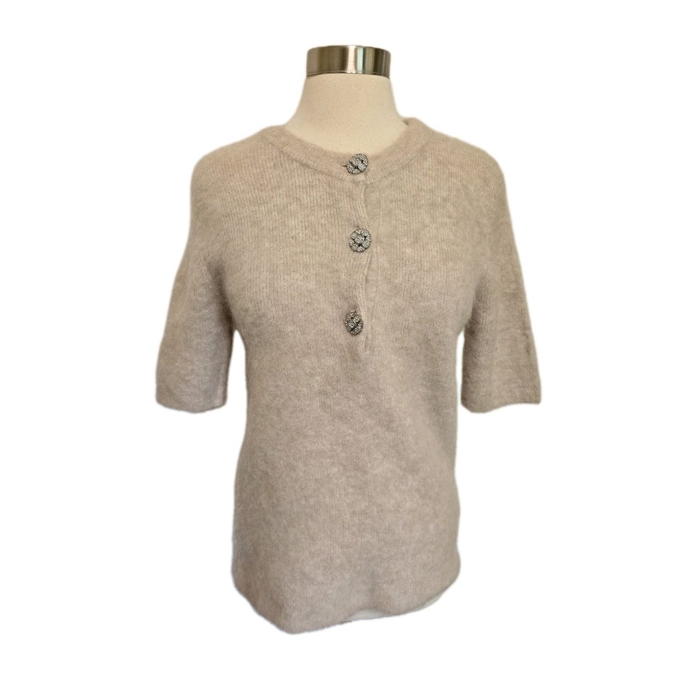 H&M Edition‎ Womens Mohair Blend Sweater Size Large Beige Rhinestone Buttons
